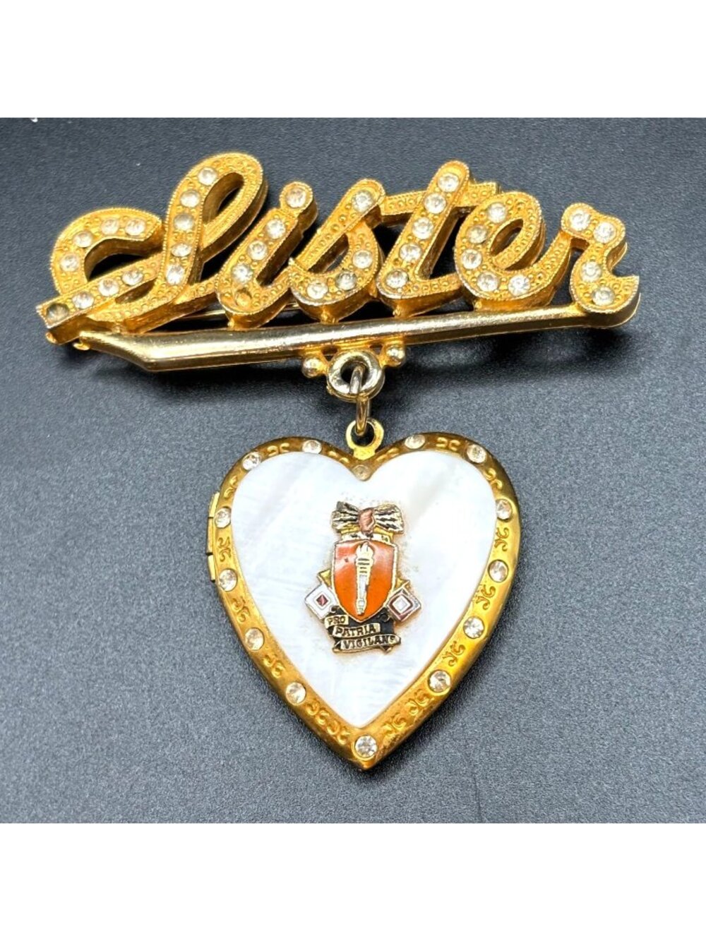 WWII Army Signal Corps Sweetheart Locket Brooch Pin Kinney Mother of Pearl